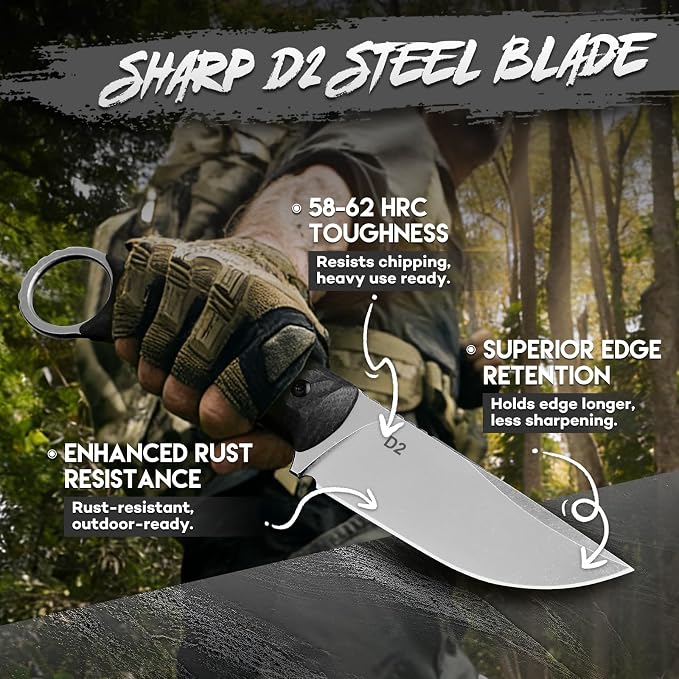 Purple Dragon Fixed Blade Knife with Kydex Sheath -Survival Knife Black | Forged from a Single Piece of D2 Steel, Full Tang G10 Handle, Gift Box, for Outoor Camping