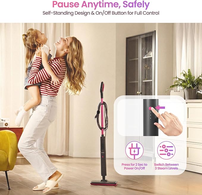 Schenley Steam Mop Cleaner Powerful - 15s Fast Heat-Up, Chemical-Free for Hardwood/Tile/Laminate & Floors/Walls, Washable Pads, 3 Modes for Carpet, Lightweight, Self-Standing, Sleek Design
