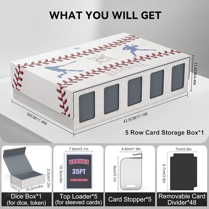 Kabinka Baseball Card Storage Box with Window Display, 5-Row Sport Card Storage Box, 3900+ Card Deck Box for Baseball Sports Card TCG, 5 Top Loaders, 5 Stoppers, 48 Dividers, 1 Dice Tray(Baseball 1)