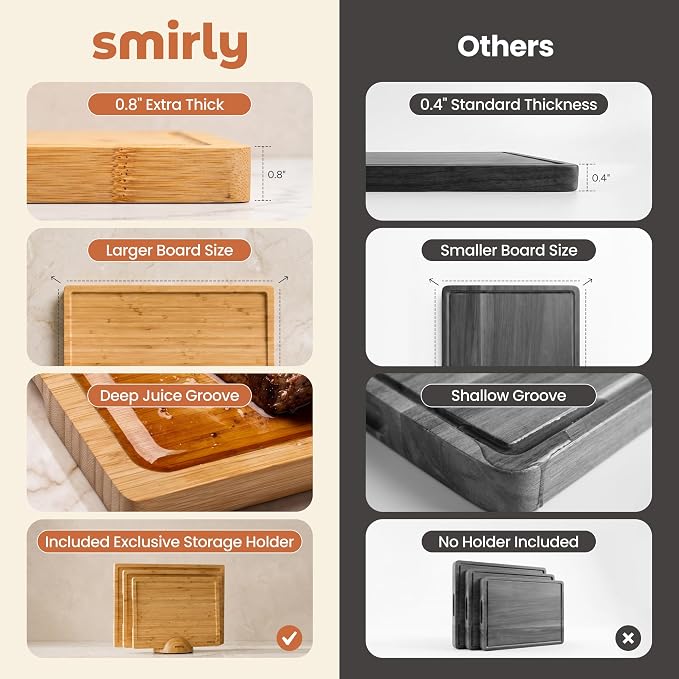 SMIRLY Cutting Boards for Kitchen, 3 Piece Bamboo Cutting Board with Stand | Non Toxic Wooden Cutting Board with Juice Grooves and Handles, Multiple Sizes Chopping Boards for Meat Vegetable Charcuterie