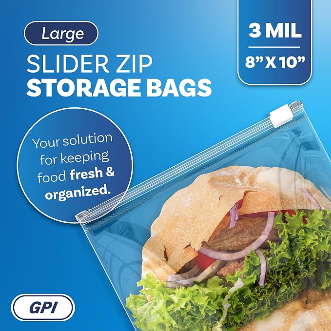 500 Count - Slider Zip Food Storage Bags, 8" x 10" 3 Mil Heavy Duty, Strong & Durable For Freezer Storage. GPI