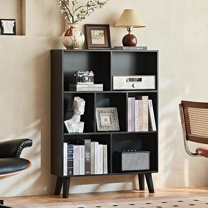 LEYAOYAO Cube Bookshelf, Mid-Century Modern Book Shelf with Legs, Black | 3 Tier Bookcase, Rustic Wood Bookshelves Freestanding Small Storage Organizer, Open Shelves for Bedroom, Living Room, Office