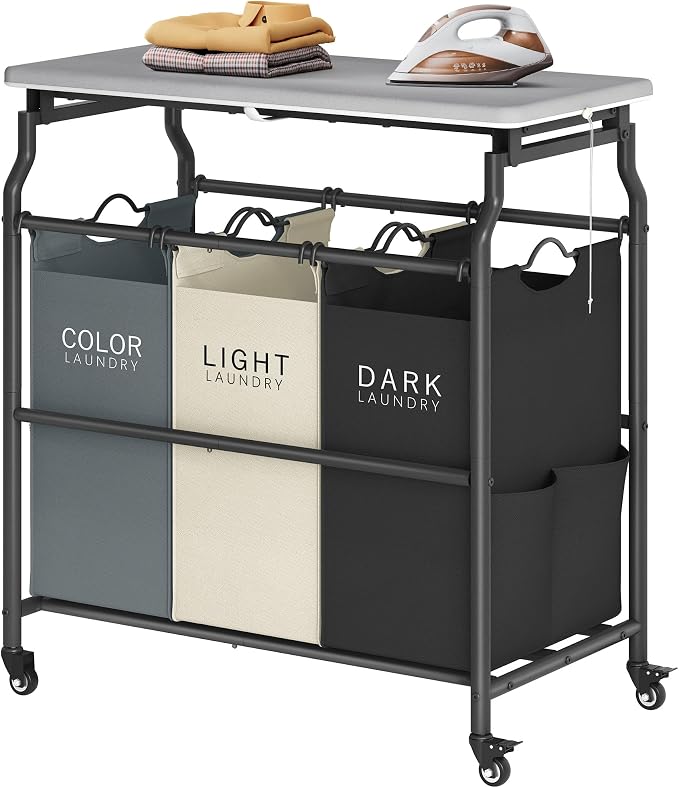 Hoctieon 3 Section Laundry Sorter with Iorning Board, Hamper with Wheels | Black+Gray+Beige,Lockable Wheels, Laundry Basket Organizer, Heavy Duty Clothes Separator, Removable Bags,Rolling Laundry Cart