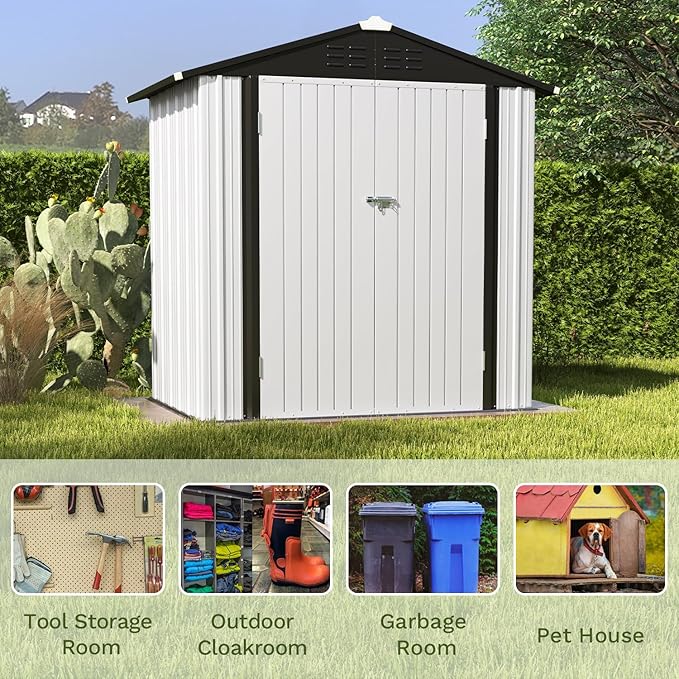Patiowell 6x4 FT Outdoor Storage Shed, White | Garden Tool Storage Shed, Sloping Roof, Double Lockable Door, For Garden Backyard Patio Lawn