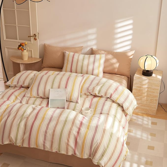 mixinni Vintage Striped Duvet Cover Set Full, 3-Piece Washed Cotton Bedding Set - Soft, Breathable & Colorful Marble Stripe Pattern, All-Season Comforter Cover with Zipper-Full Size