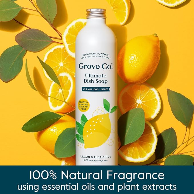 Grove Co. Dish Soap, 3 x 16 fl oz Refills + Refillable Glass Dispenser | Lemon & Eucalyptus; Plastic-Free; Reusable dispenser; Refill format; Removes Stuck on Food; 98% plant-based ingredients