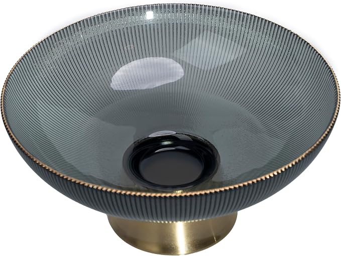 Round Glass Decorative Bowl(Gray), 9.8 Inches Handblown Striped Glass Bowl with Gold Trim and Rust Resistant Metal Base,Decor Fruit Bowl for Home Decor,Table Centerpiece,Kitchen Island, Dining Decor