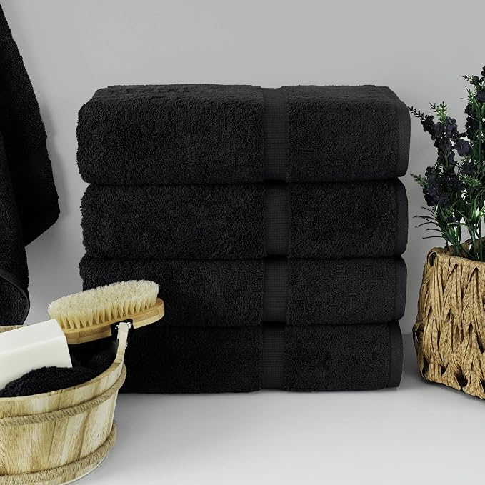 Chakir Turkish Linens 4 Piece Bath Towel Set, 100% Cotton Luxury Turkish Towels for Bathroom, Soft Absorbent Bath Towels, 27 x 54 Inches, Black