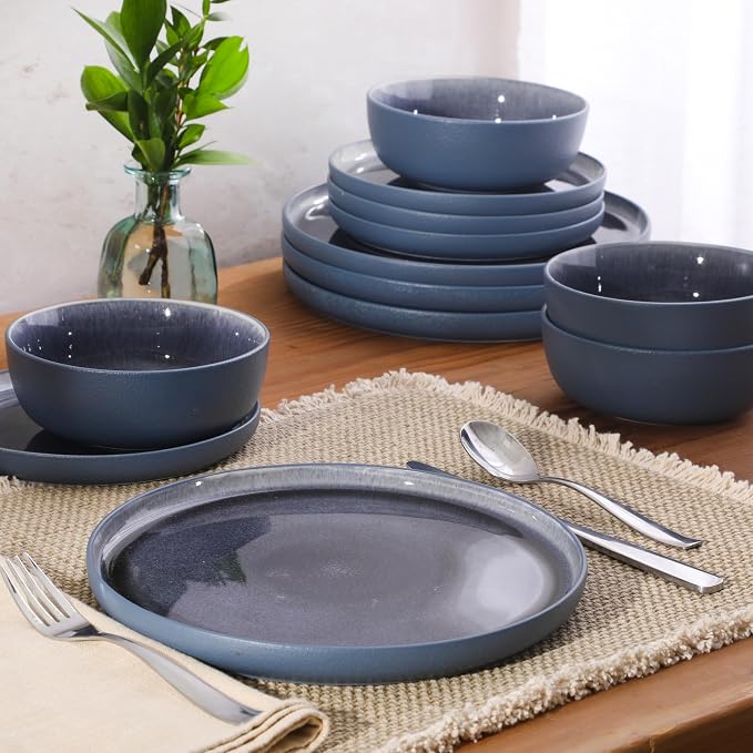 Gibson Elite Reactive Stoneware Dinnerware Set - Tahoe Sunset Matte Exterior & Shiny Interior Blue | 12-Piece – Plates and Bowls, Durable Everyday Dish Set, Microwave & Dishwasher Safe