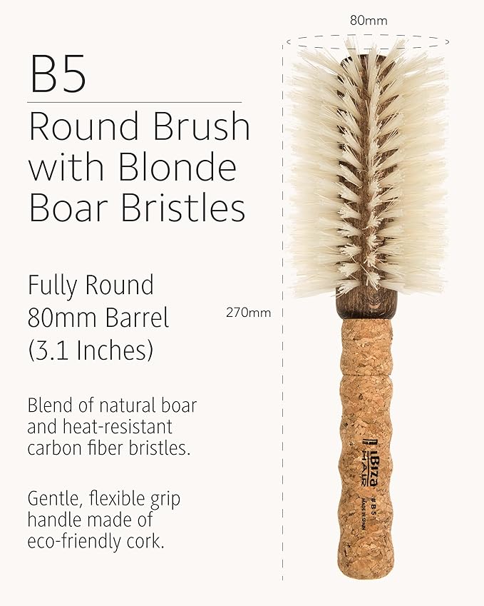 Ibiza Hair Boar Bristle Round Brush (B5-80mm) | Blonde Bristles & Cork Handle | Ideal for Color Treated Tresses | Soft Curls, Big Volume & Large Sections | Adds Shine for Long Styles