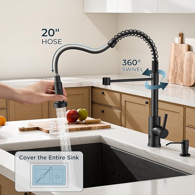 FORIOUS Touchless Kitchen Faucet with Soap Dispenser, Matte Black | Single Handle Stainless Steel, Smart Hands-Free Sink Faucet with Pull Down Sprayer for Camper Rv Bar, Motion Sensor Activated