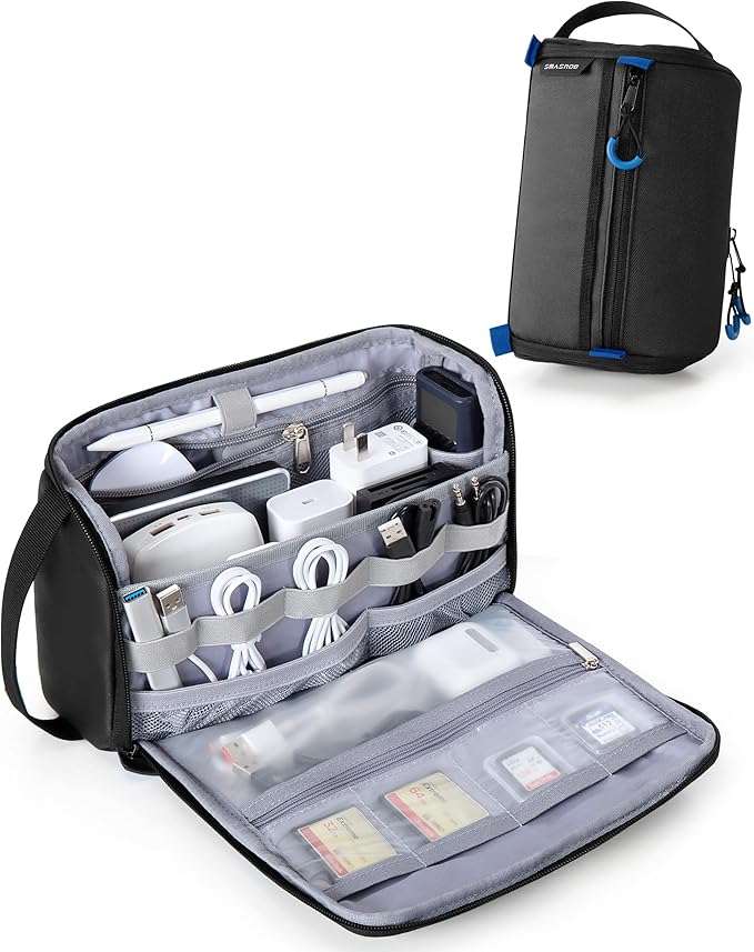 Smasrob Electronics Organizer Travel Case, Tech Bag Charger Pouch, Black | Water Resistant, Elastic Bands, for Cord, Cable, SIM Cards, Phone, Airpods