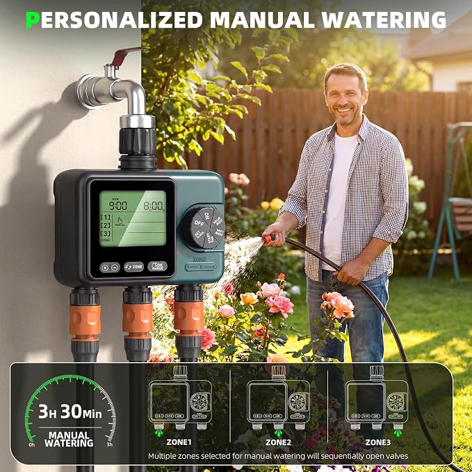 Sprinkler Timer 3 Zone, Programmable Water Timer for Garden Hose with Rain Delay, Manual and Automatic Irrigation Controller System, 3 Outlets Timed Irrigation Controller System for Lawn