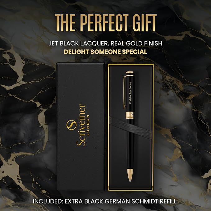 Scriveiner Personalized Black Ballpoint Pen - Stunning Luxury Pen, Jet Black Lacquer, Real Gold Plating, Schmidt Ink Refill, Best Engraved Ball Point Gift Set for Men & Women, Custom Name Engraving