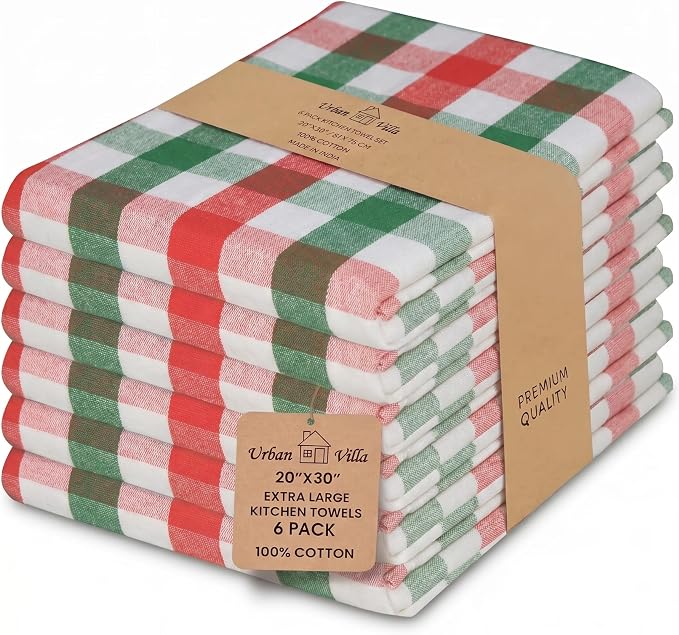 Urban Villa Christmas Kitchen Towels 100% Cotton Dish Towels for Kitchen (Set of 6) 20”x30” Dish Cloths Absorbent Kitchen Linen Set with Hanging Loop Perfect for Drying Dishes Cleaning – X MAS Checks