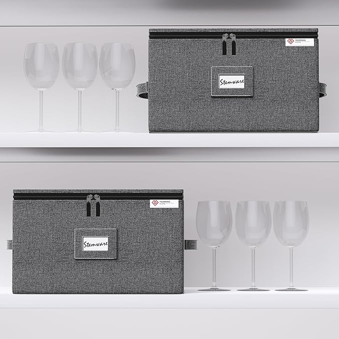 Wine Glass Storage Box with Dividers,Hard Shell and Stackable Stemware Storage Containers with Sturdy Handle for Glassware Crystal Storage and Transport,Grey,Holds 12