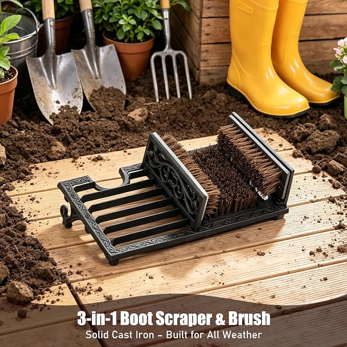 Cast Iron Boot Scrubber with Heel Remover & Brush | Black Heavy Duty Boot Scraper with Brush, Durable Outdoor Boot Cleaning Tool for Muddy Shoes for Porch Garage Entryway