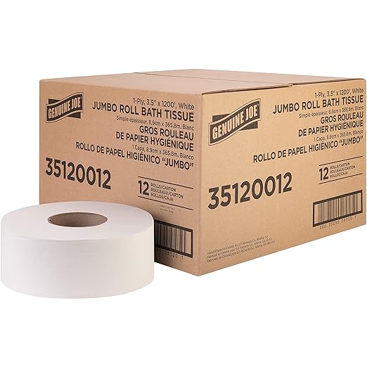 Genuine Joe Jumbo Roll Bath Tissue, 1-Ply, 3.63" x 1200', White, 12 Count