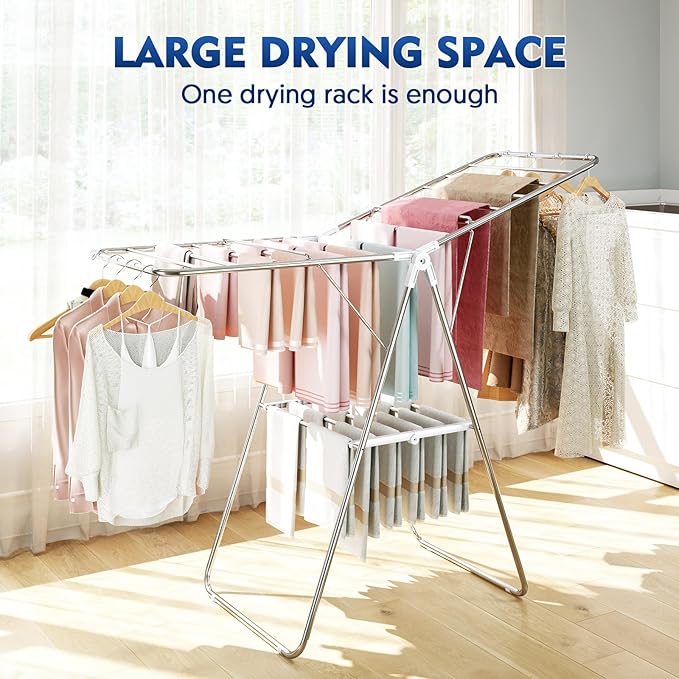 APEXCHASER Clothes Drying Rack, Stainless Steel Drying Rack Clothing with Height-Adjustable, Foldable Gullwings Laundry Drying Rack, Indoor Outdoor Use, No Assembly, White