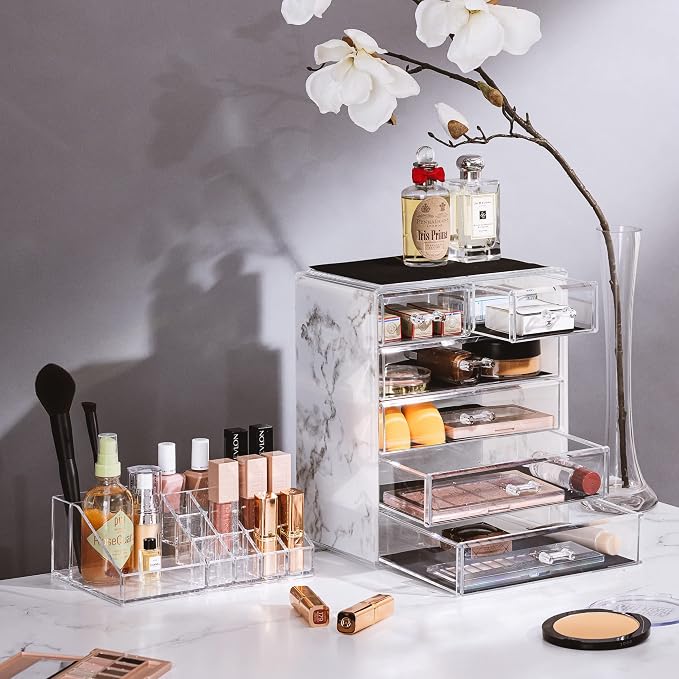Sorbus Acrylic Makeup Organizer Set, 6-Drawer Vanity & Countertop Cosmetic Storage with Small & Wide Compartments, Marble Print Makeup Storage for Brushes, Jewelry – Holiday Gift for Women & Teens