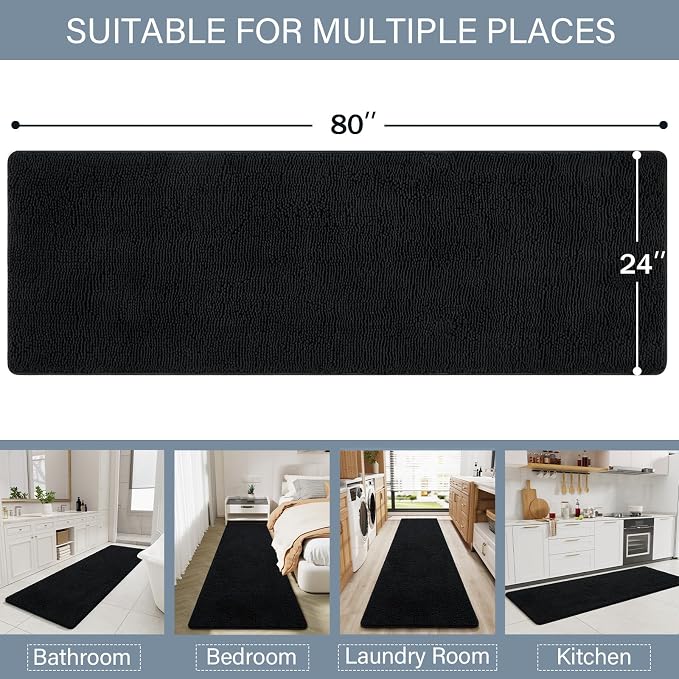 LOCHAS Luxury Bathroom Rug Shaggy Bath Mat 24 x 80 Inch, Black | Washable Non Slip Bath Rugs for Bathroom Shower, Soft Plush Chenille Absorbent Carpets