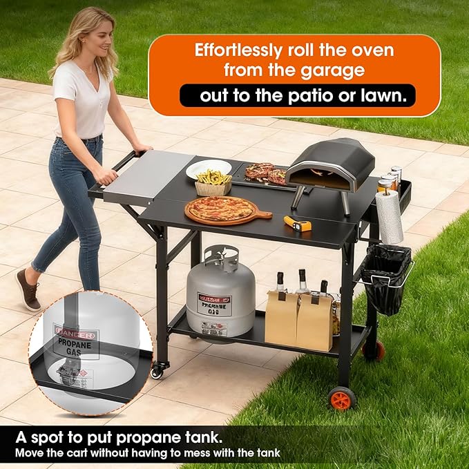 Pizza Oven Table with Cover, Folding Grill table Solid and Sturdy | Pizza Stand for Ooni Pizza Oven, Grill Cart Large Space with Wheel,Expansive Countertop Pizza Oven Accessories for Tailgating