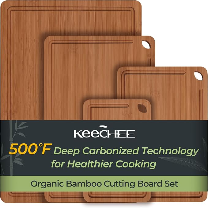 Keechee Carbonized Bamboo Cutting Board Set of 4, Kitchen Prep Boards | Deep juice grooves, built-in handles, 4 different sizes for full kitchen tasks and charcuterie