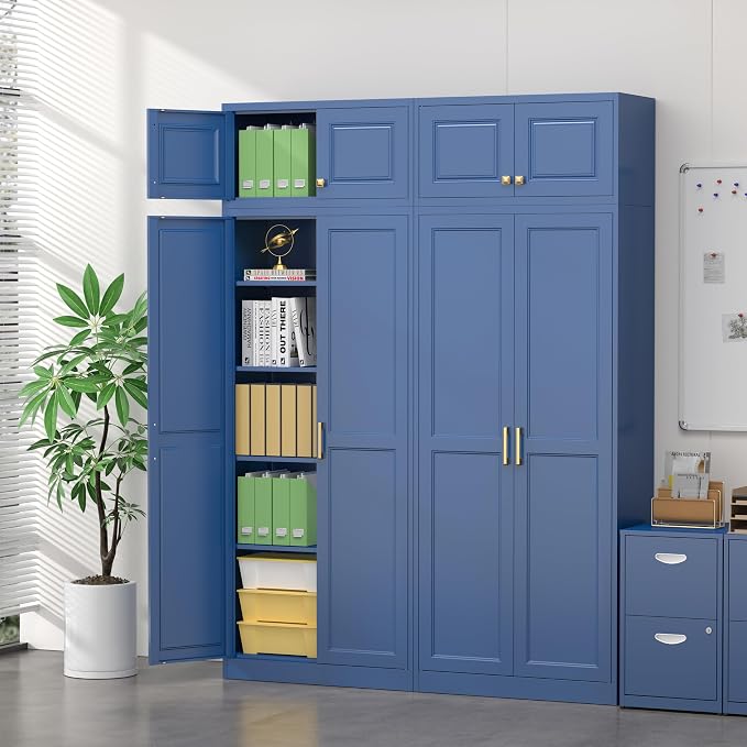 Steeloong 86"Metal Pantry Storage Cabinet with Doors & 4 Adjustable Shelves | Kitchen Pantry Cabinet,Blue Kitchen Cabinet with 4 Gold Handles,Tall Cabinet for Livingroom,Pantry, Bathroom,Kitchen,Garage