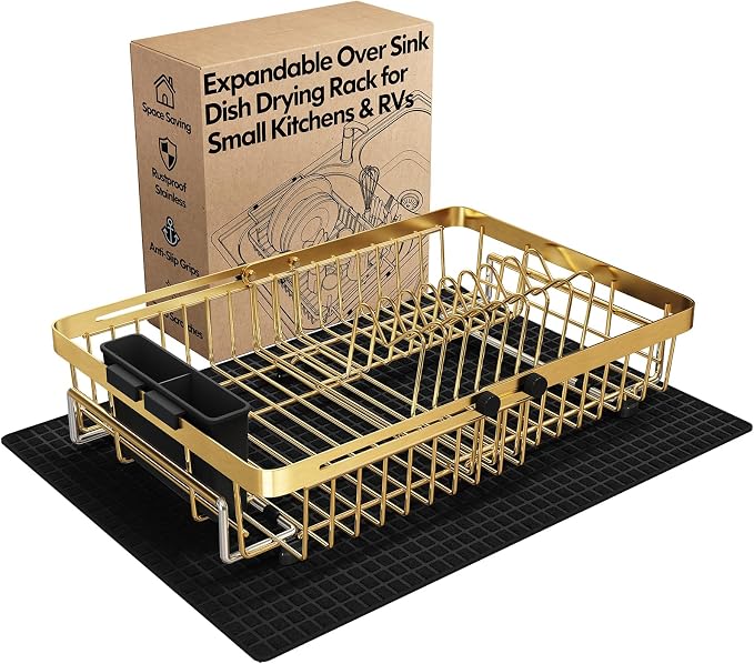 Gold Dish Drying Rack Over The Sink with Utensil Holder, Mat | Expandable Stainless Steel Dish Drainer for Small Kitchen, Apartment, RV, Counter Space Saving, Perfect Fit, Rustproof