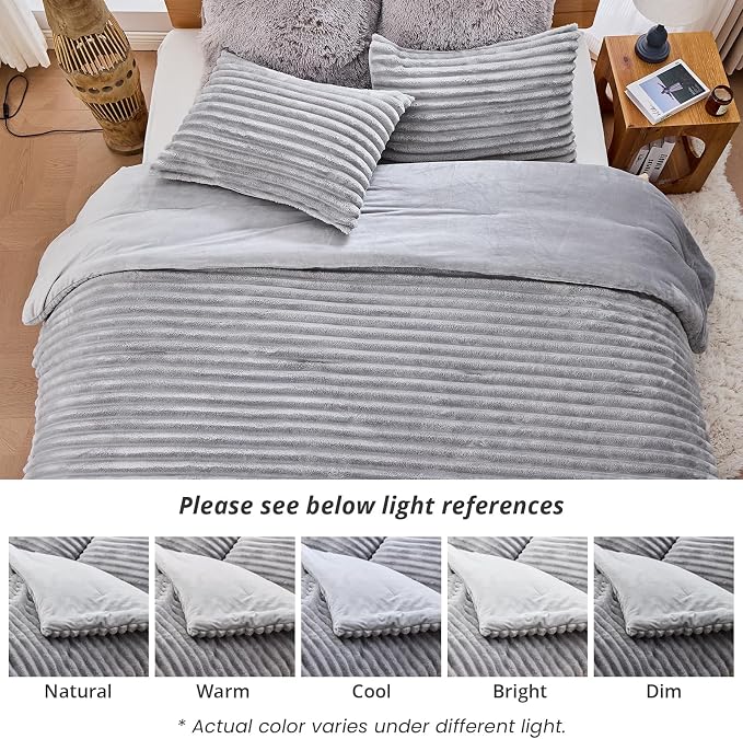 Sasttie Queen Comforter Set 3 Pieces - Super Soft Fleece Comforters Queen Size, 1 Luxury Warm Fuzzy Marshmallow Comforter with 2 Pillow Cases, Faux Fur Down Alternative Bedding Set, Light Grey