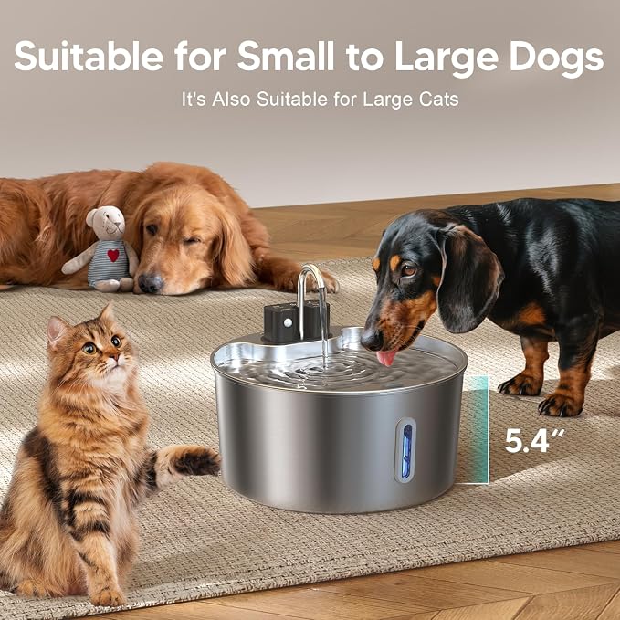 Voluas 7L Wireless Dog Water Fountain with 6 Filters, Stainless Steel | 236oz capacity, 4-layer filtration, ultra-quiet pump, water level window, easy clean for large dogs