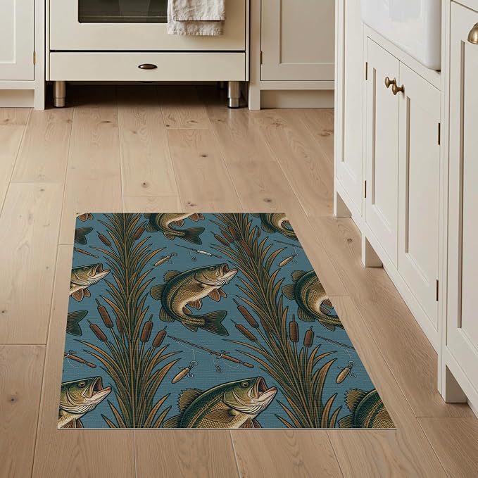 3'x5' Washable Area Rug Bass Lake Lure Tackle Reeds Border Motif Angler Fish Fishing Refined Structured for Home Office, Hallway, Laundry Room, Non-Slip Chair-Friendly