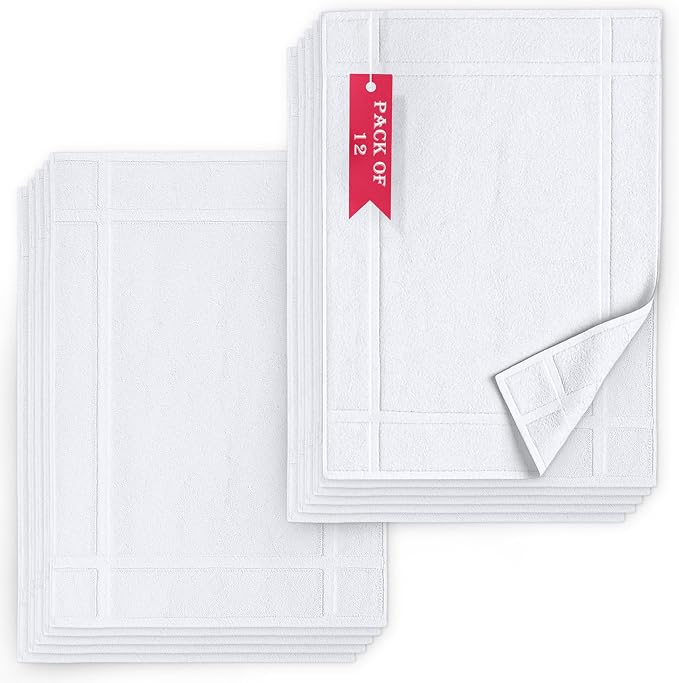 Pearl Linens Pack of 12 100% Cotton Bath Mat 20x30 inches, Soft & Absorbent Quick Dry Bathroom Mat Set, Not Bathroom Rugs, After Shower Mat, Bath Tub Mat, 687 GSM, Machine Washable, White