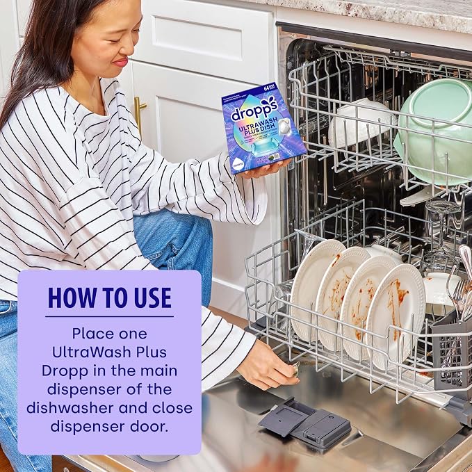 Dropps UltraWash Plus Dishwasher Detergent Pods, Unscented (64 Ct) Free & Clear | Triple Action | Built In Rinse Aid | Cuts Grease & Stuck-On Food | Sparkling Dishes | Residue-Free | Clean Ingredients