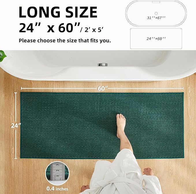 TYUU Bathroom Runner Rug, Long Bath Mat Washable Thin Quick Dry Low Pile Bathroom Runner Rugs 24 x 60 Non Slip, Dark Green 24"x60"