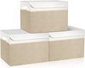 Bagnizer Large 17" 42 Quarts Collapsible Stackable Storage Bins with Lids [3-Pack] Foldable Fabric Linen Storage Boxes Cube, Closet Organizer Baskets with Label (16.7 x 12 x 12, Beige & White)