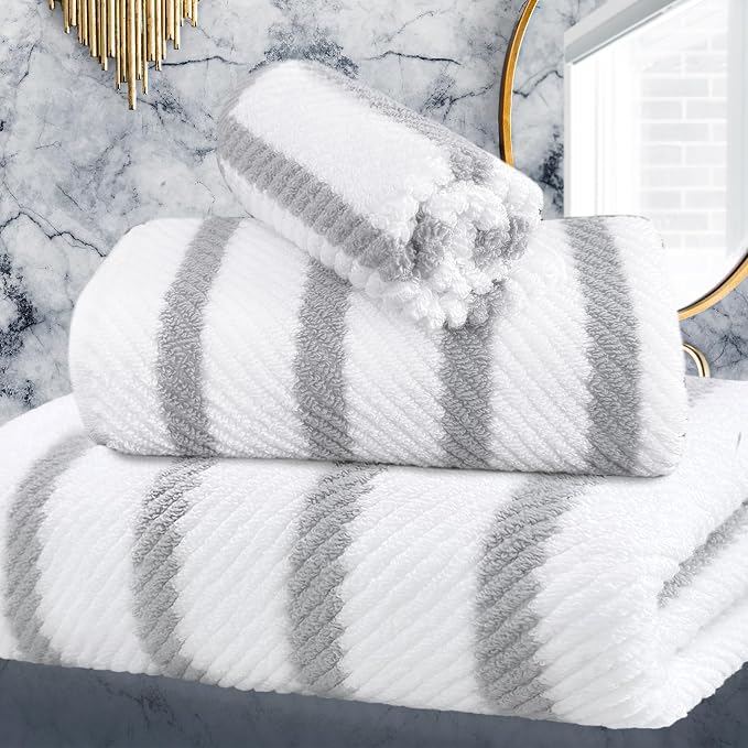 VOOVA & MOVAS 3PC Towel Set, 100% Cotton, Gray White Dark Tan | 1 Large Bath 30x56 In,1 Hand 18x28 In,1 Wash Cloth 13x13 In, Quick Dry, Soft, Thick, Dorm Room Essentials
