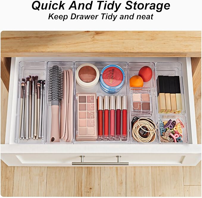 SMARTAKE 25-Piece Drawer Organizer with Non-Slip Silicone Pads, 4-Size Desk Drawer Organizer Trays Storage Tray for Makeup, Jewelries, Utensils in Bedroom Dresser, Office and Kitchen (Clear)