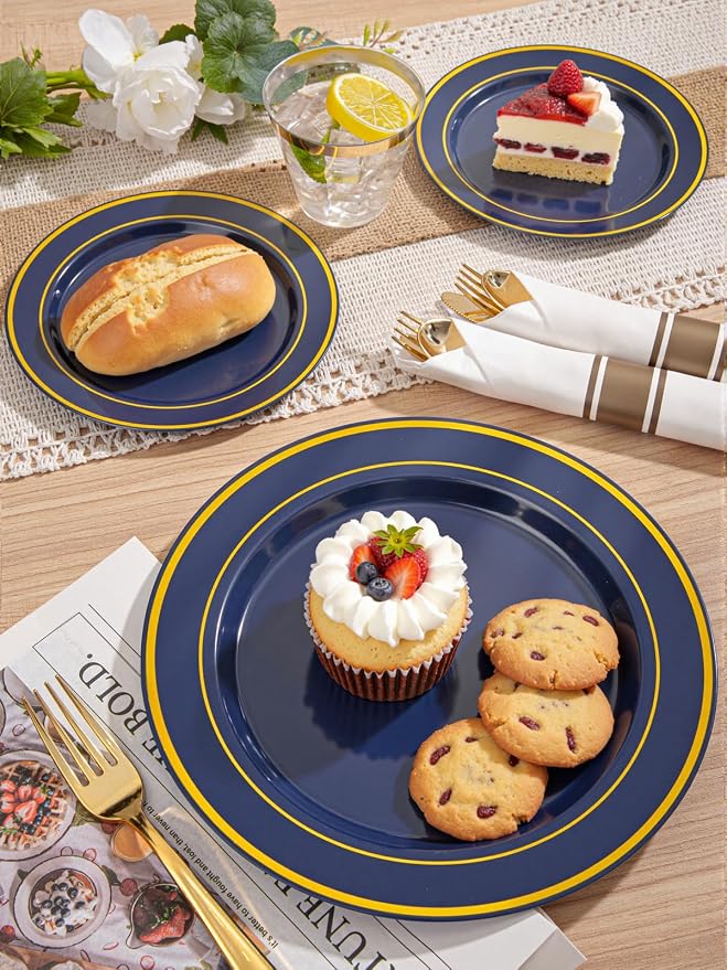 WDF Partyware 175PCS Blue and Gold Plastic Plates - Navy Blue Plates with Pre Rolled Napkins for Party - 25Guest Disposable Dinnerware Sets for Party/Birthday/Wedding