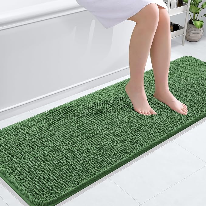 OLANLY Bathroom Runner Rugs 59x20, Soft Absorbent Chenille Bath Rugs, Rubber Backing Quick Dry, Machine Washable Long Bath Mats for Bathroom Floor, Tub and Shower, Home Decor Accessories, Olive Green