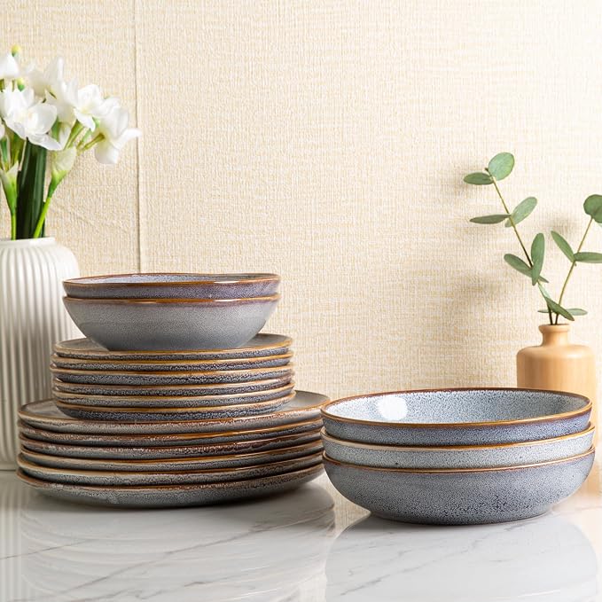 AmorArc 8.5'' Large Pasta Bowls, 36oz Ceramic Salad Serving Bowls Set of 6 for Kitchen, Wide Stoneware Bowls for Pasta, Salad, Fruit, Bread, Microwave Safe, Reactive Glaze-Blue