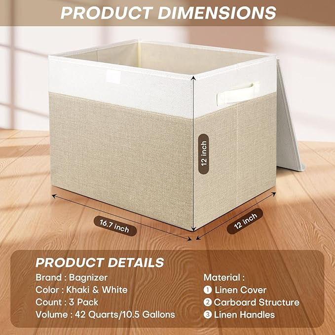 Bagnizer Large 17" 42 Quarts Collapsible Stackable Storage Bins with Lids [3-Pack] Foldable Fabric Linen Storage Boxes Cube, Closet Organizer Baskets with Label (16.7 x 12 x 12, Beige & White)