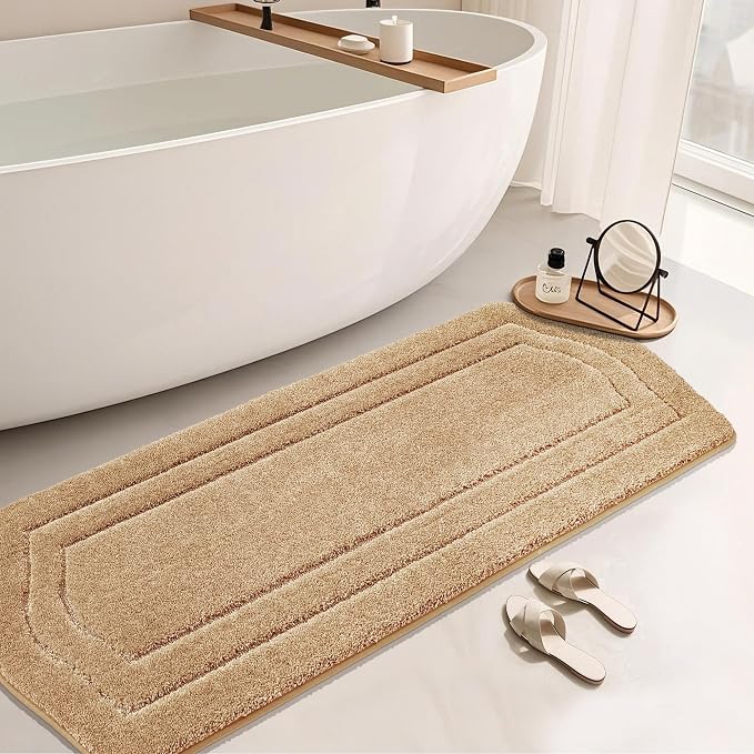 COSY HOMEER Bathroom Rugs Mat 24”x70” Absorbent Non-Slip Bath Mat, Plush Shaggy Bathroom Runner, Machine Washable Large Soft Bath Mats for Bath Floor,Tub and Shower,Beige