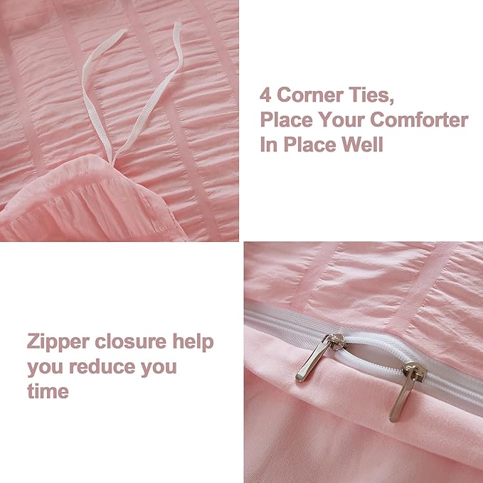 AveLom Blush Pink Seersucker Duvet Cover Set Queen Size (90 x 90 inches), 3 Pieces (1 Duvet Cover + 2 Pillow Cases), Ultra Soft Washed Microfiber, Textured Duvet Cover with Zipper Closure, Corner Ties