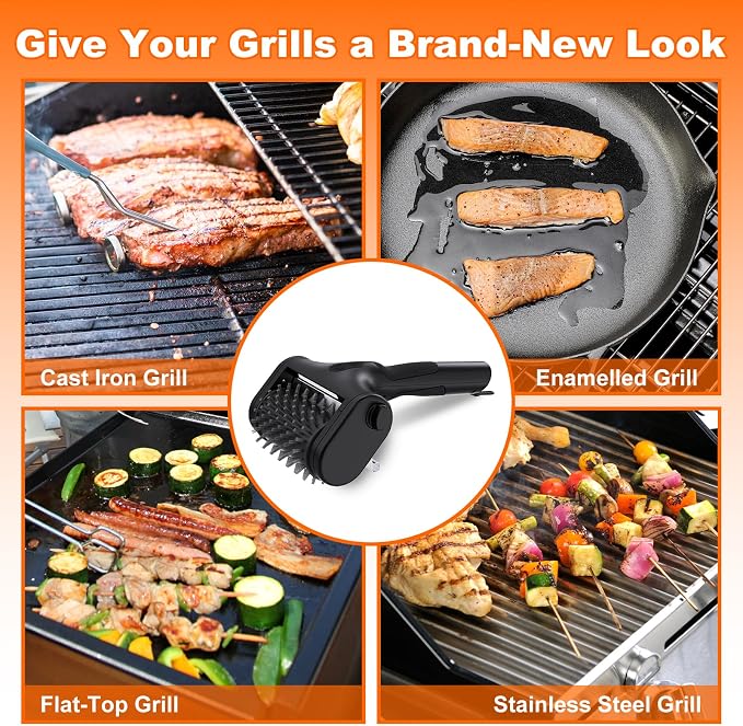 Electric Grill Brush for Outdoor Grill,2600mAh Rechargeable Electric Grill Cleaner with 2-Speed(Max 1000RPM)，2 Replacement Heads and LED Light for Outdoor/Camping BBQ Grates Cleaning Tool (Black)