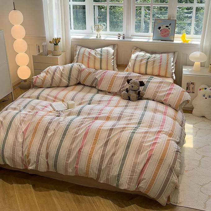 mixinni Vintage Striped Duvet Cover Set King, 3-Piece 100% Washed Cotton Bedding Set - Soft & Breathable Colorful Comforter Cover with Zipper, All-Season Lightweight Bed Set for Cozy Home