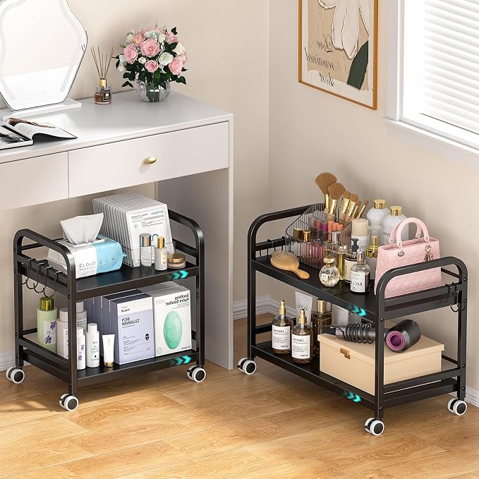 2-Tier Expandable Rolling Cart, Pantry Storage Cart with Wheels, Adjustable Rolling Pantry Floor Organizer, Metal Under Desk Cart, Can Storage & Snack Organizer for Kitchen Pantry, Black