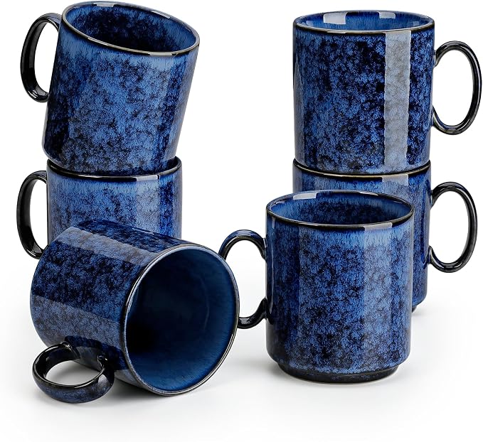 vancasso STARRY Ceramic Coffee Mugs Set of 6, 12 Oz Coffee Cups for Latte, Cappuccino, Tea & Hot Cocoa, Artisan Modern Style for Coffee Bar, Home & Kitchen, Microwave & Dishwasher Safe, Blue