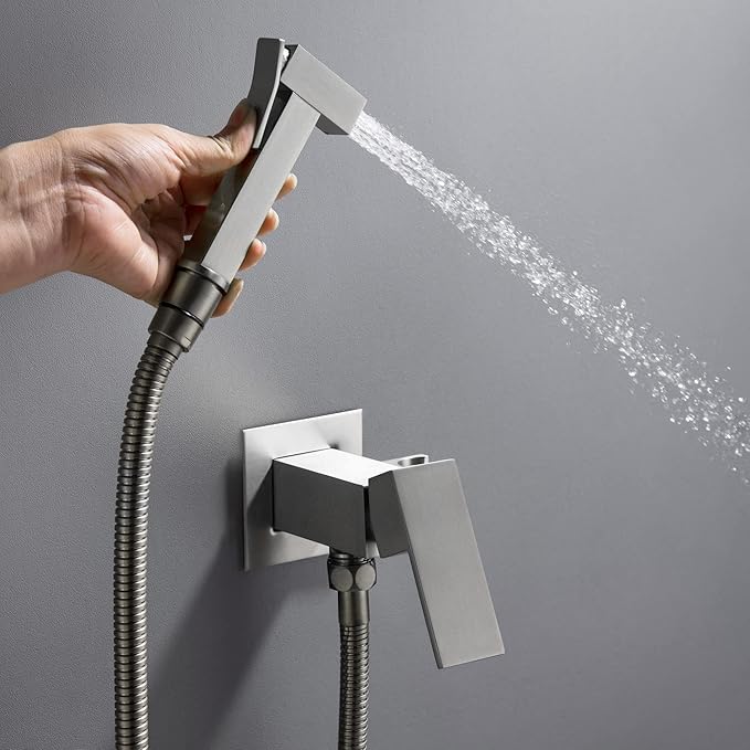 SHAMANDA Warm Water Bidet Sprayer for Toilet with Hot and Cold Brass Rough-in Valve, Stainless Steel Handheld Bidet Attachment Set for Feminine, Pets and Baby Diaper Wash, Brushed Nickel, BDS08-2