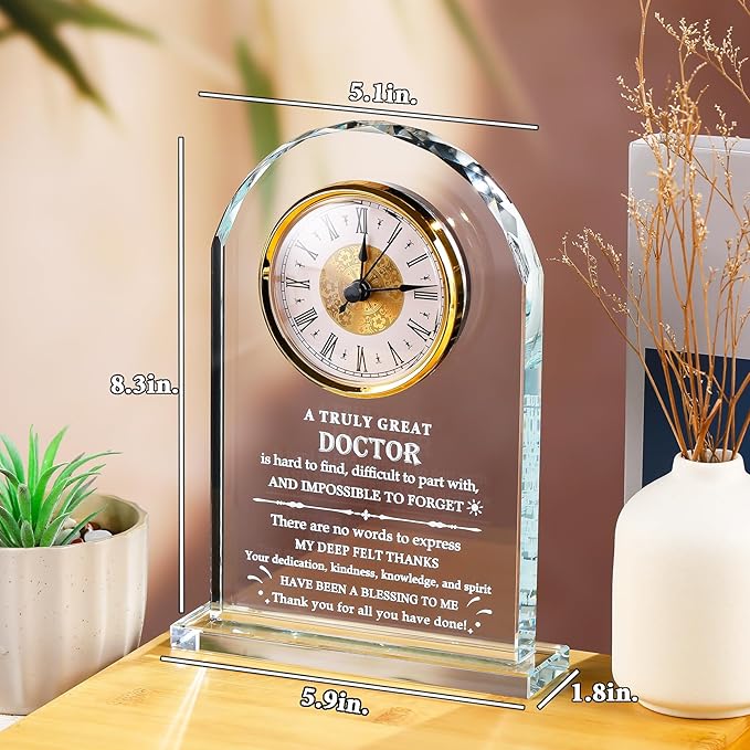 YWHL Doctor Gifts for Men Women, Crystal Glass Clock Thank You Appreciation Gifts for Doctors Best Doctor Ever Gift Idea for Doctors Day Birthday Retirement Christmas Office Table Decor